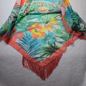 Charming Charlie Swimsuit Wrap Scarf Tropical Floral Fringe Flowy Beach Boho OS